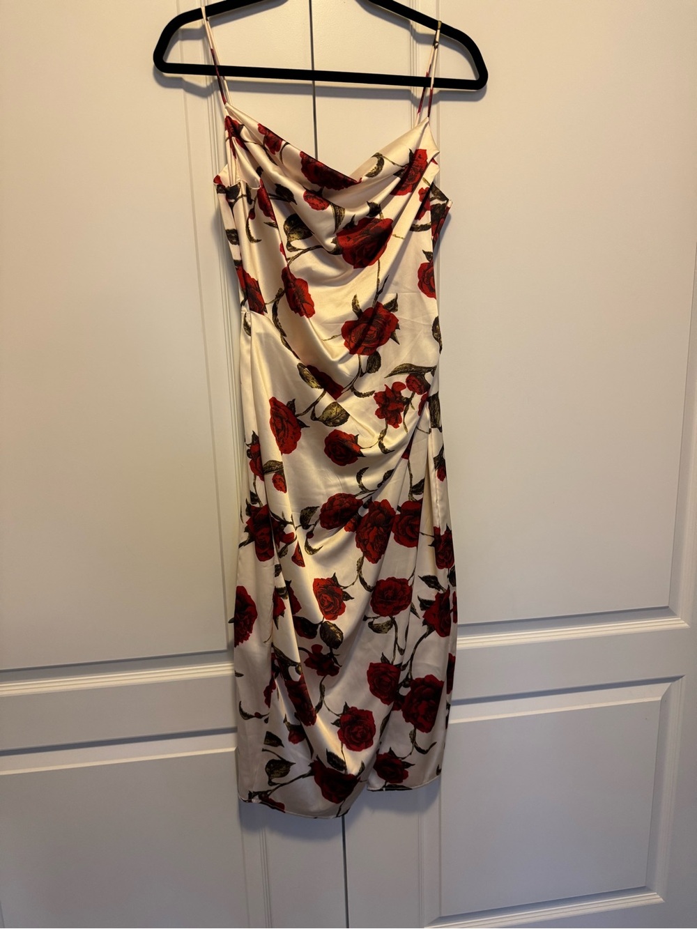 Floral Cowl Neck Slip Dress - Red Rose on Cream Dress